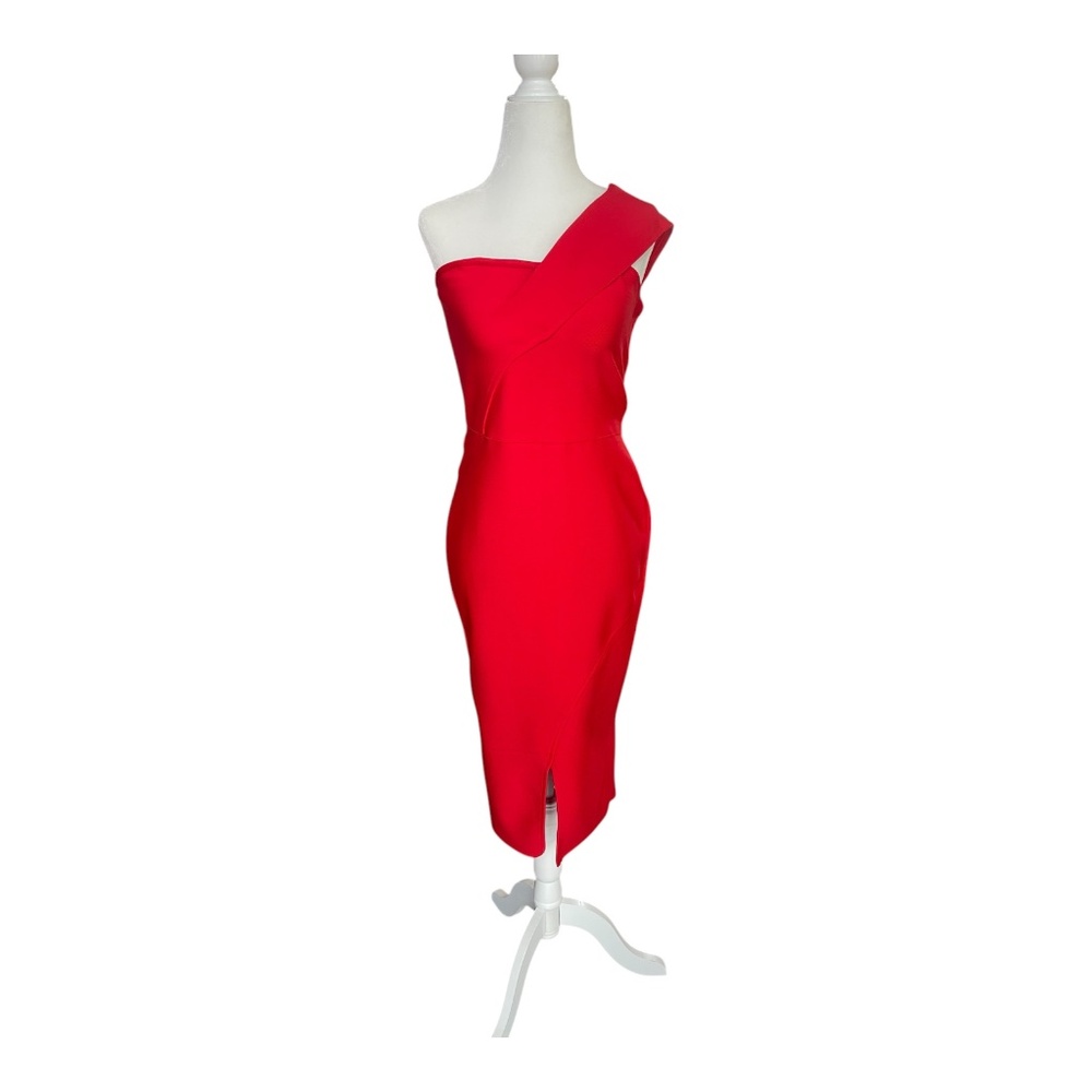 Boutique Red One Shoulder Bodycon Midi Dress Slit Cocktail Party L NWT